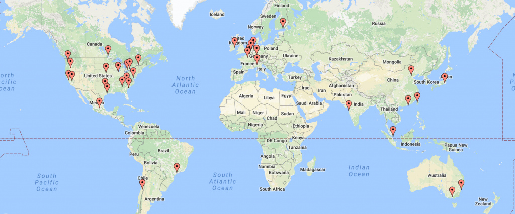 Map of over 100 data centers in 36 different